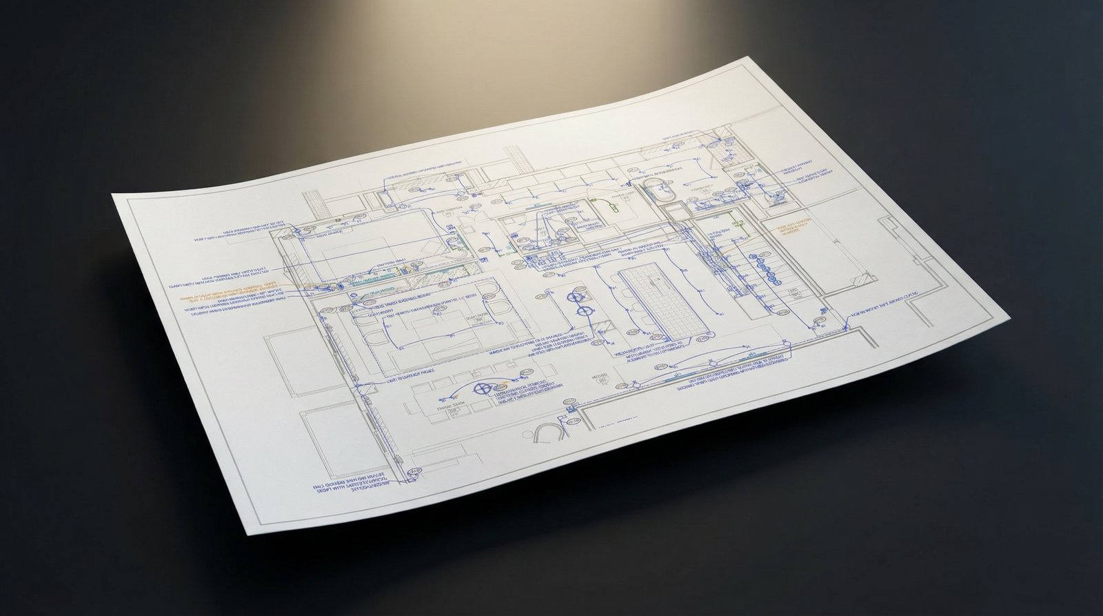 Photorealistic 3D render of architectural lighting and shade design plan on floating paper